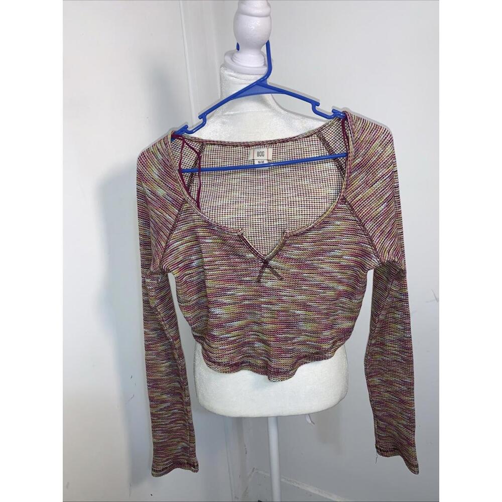 BDG Womens Theo Notch Long Sleeve Tee Medium Purple Marled Cropped V Neck
